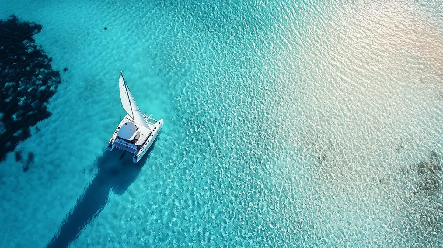 Aerial view of luxury catamaran sailing Mediterranean waters near Cyprus