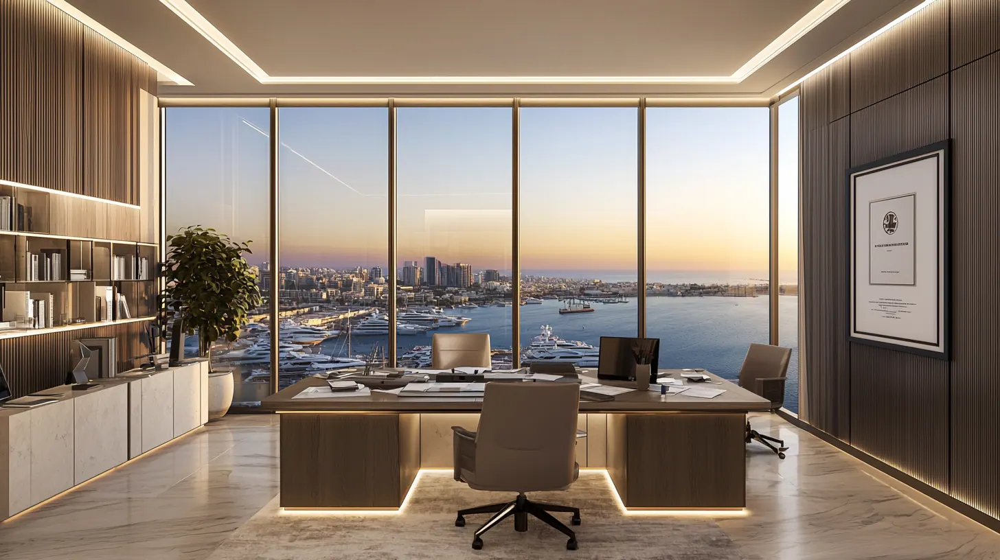 Modern Cyprus office overlooking Limassol marina at sunset